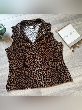 Timing Vintage 90s Leopard Cheetah Wet Look Velvet Sleeveless Collared Top. M